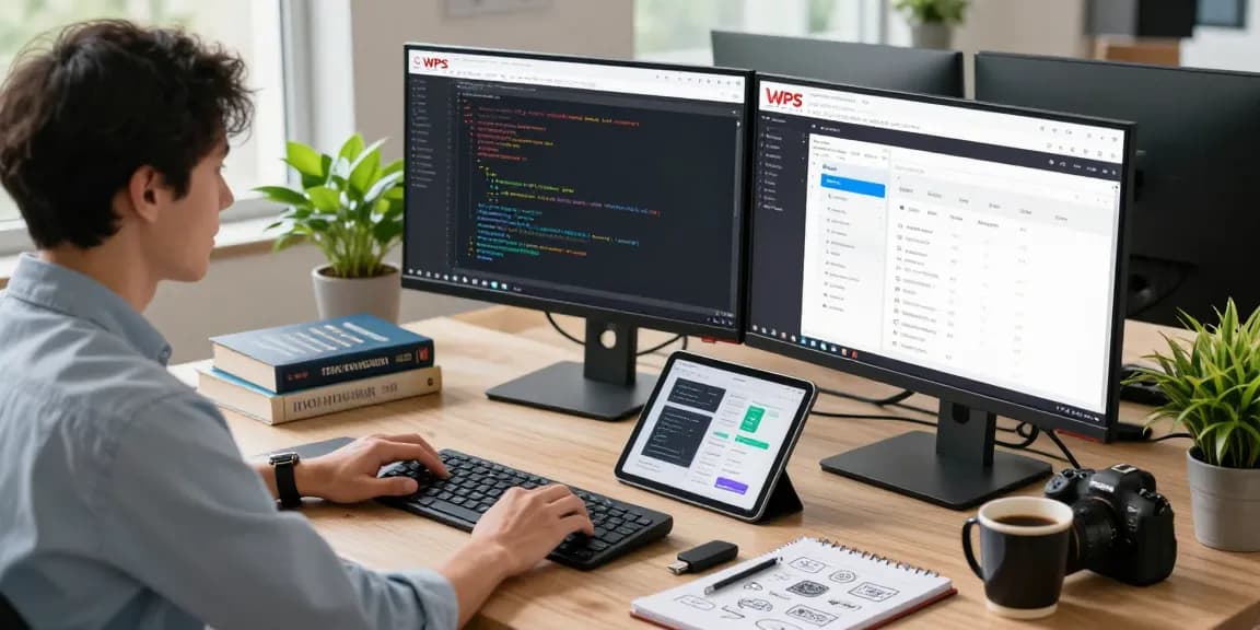 Focused developer coding on dual monitors featuring the WPS Official Website in a modern workspace.