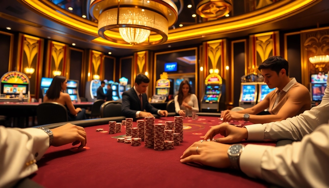 F168 casino scene with elegant players at a high-stakes poker table, showcasing intense gameplay.