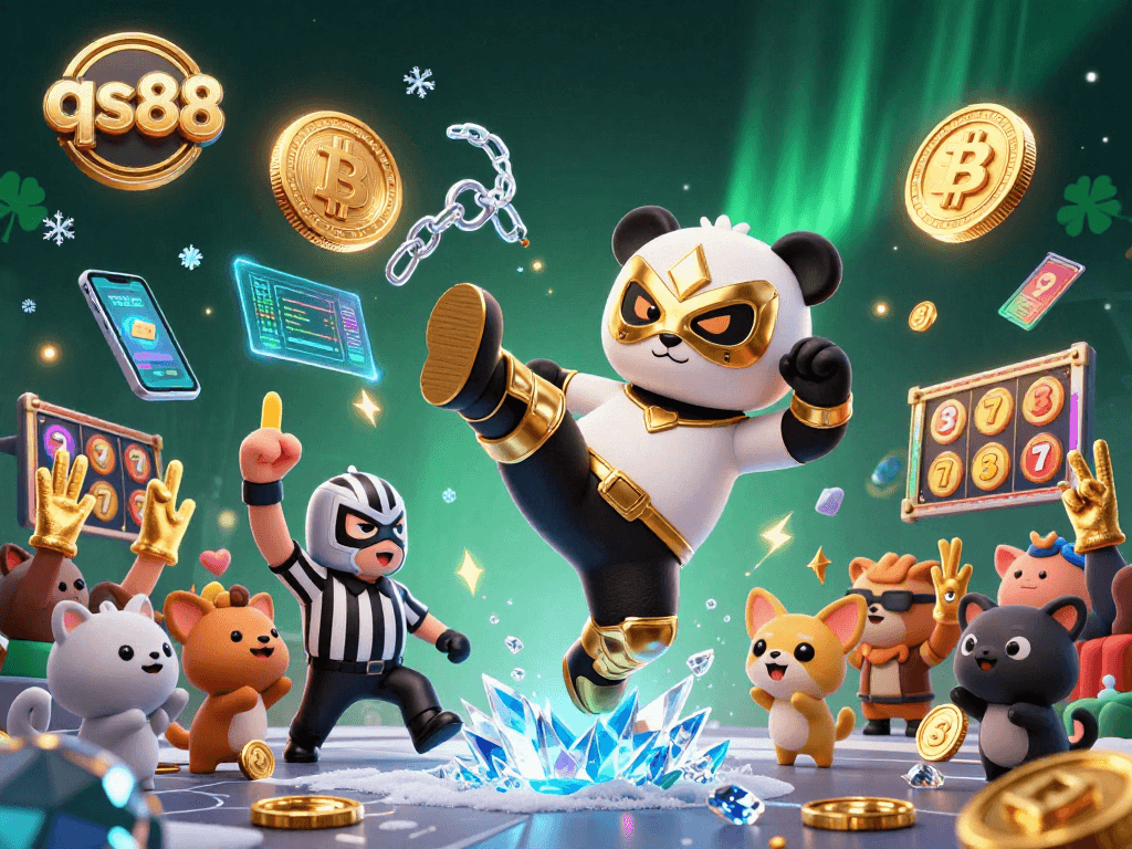 Watch the exciting qs88 online casino scene with a panda and chihuahua enjoying slots and cryptocurrency!