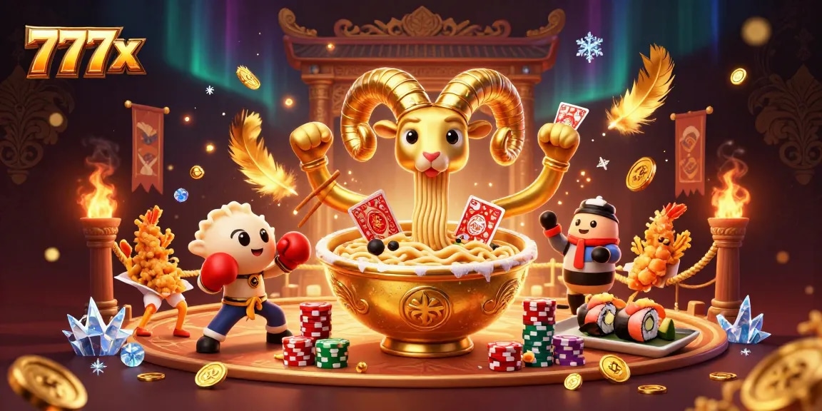 Engage in thrilling gameplay with 777x as a giant ramen bowl dealer interacts with dynamic casino characters.