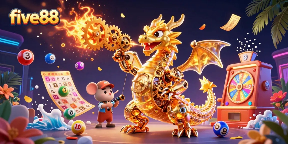 Engage with five88's thrilling lottery experience, featuring dynamic colorful balls and an enchanting golden dragon.