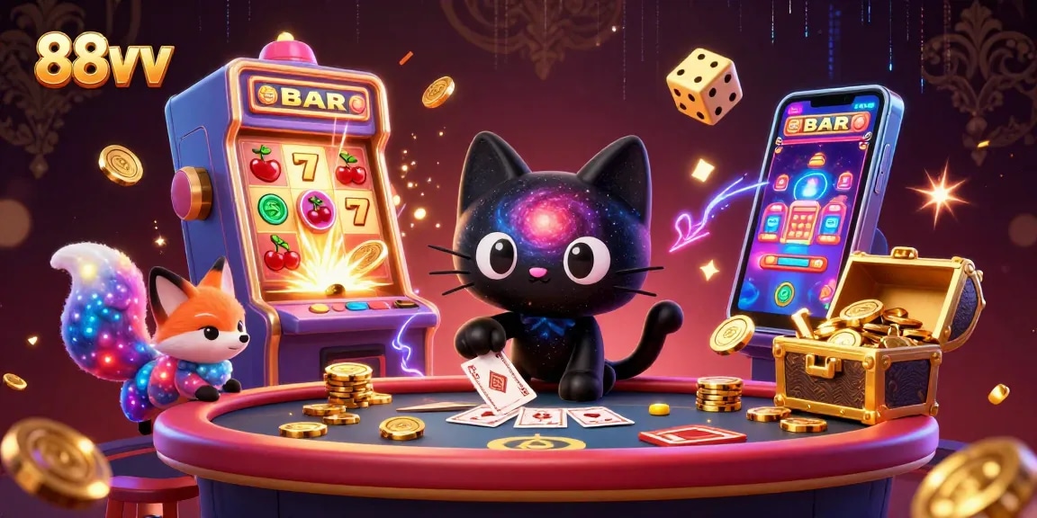 Engage in thrilling games at 88vv with vibrant cosmic casino elements and colorful characters.