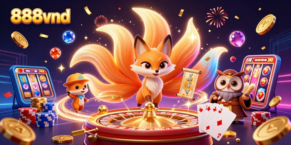 Celebrate big winnings with 888vnd, featuring colorful characters in a vibrant casino scene.