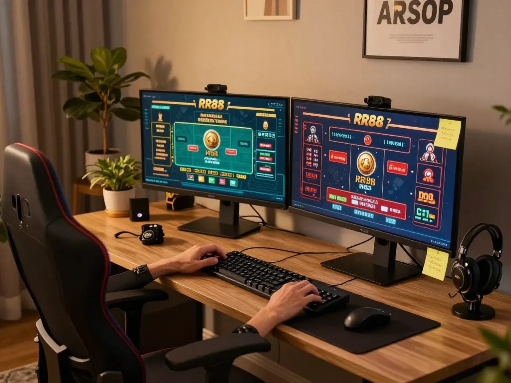 Engaging online gaming with RR88 setup, featuring dual screens and cozy ambiance.
