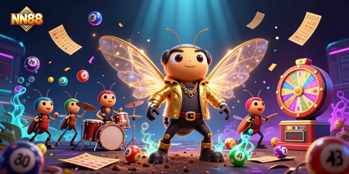 NN88's vibrant 3D casino scene showcases a rock star cicada, lottery elements, and gold-themed excitement.
