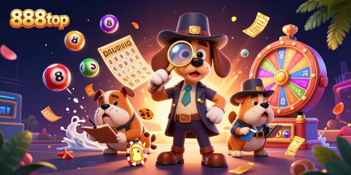 Win big with 888top as a detective investigates colorful lottery balls and golden poker chips.