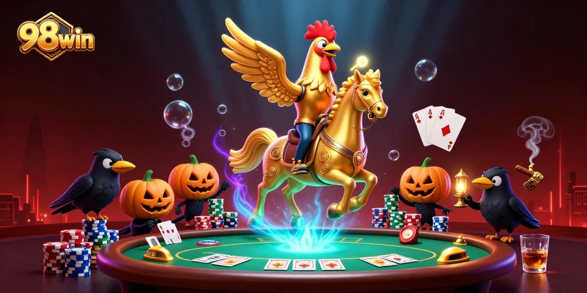 Experience the thrill of gaming at 98win with a captivating casino illustration depicting vibrant characters and dynamic gameplay.