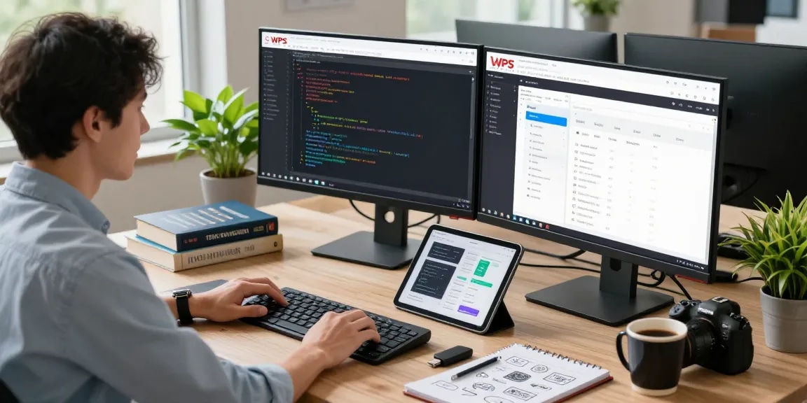 Focused developer coding on dual monitors featuring the WPS Official Website in a modern workspace.