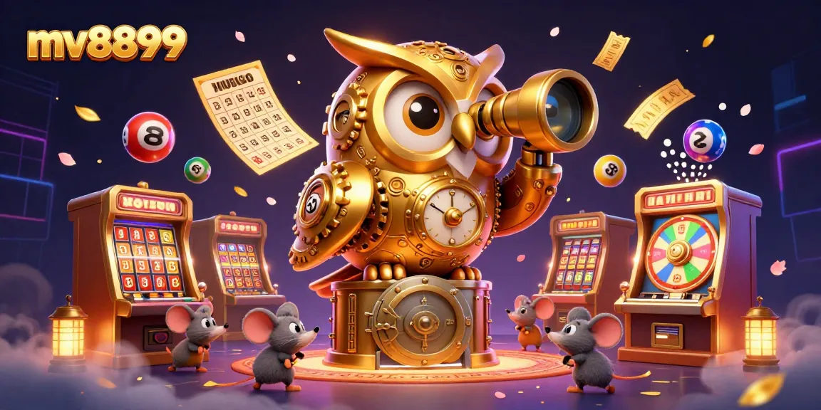 Experience the excitement of mv8899 with a vibrant 3D casino scene featuring an enchanted owl and lively games.