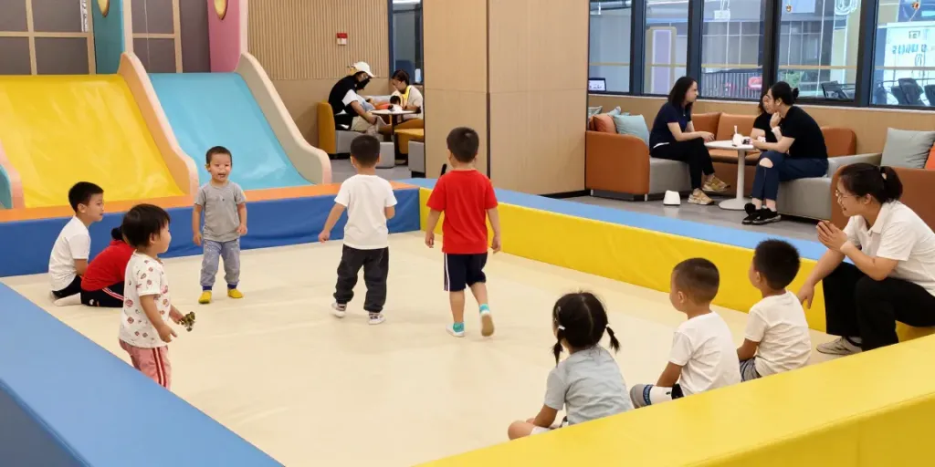Rokok88 indoor playground showcasing safe, joyful children playing in colorful zones.