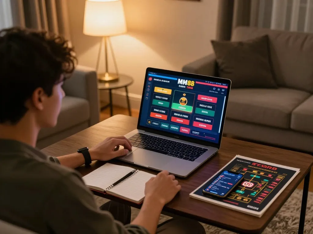 Player strategizing while betting on MM88 COM through a laptop in a cozy home setting.