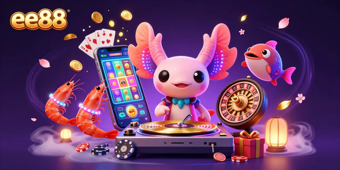 Experience the ee88 gaming world with an energetic scene of a neon-colored axolotl DJ and dancing shrimp.