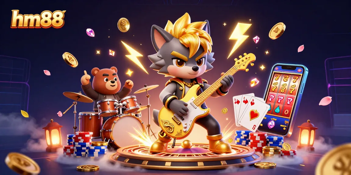 Engage in thrilling gameplay at hm88 with rock star wolf and bear playing dynamic casino scene.