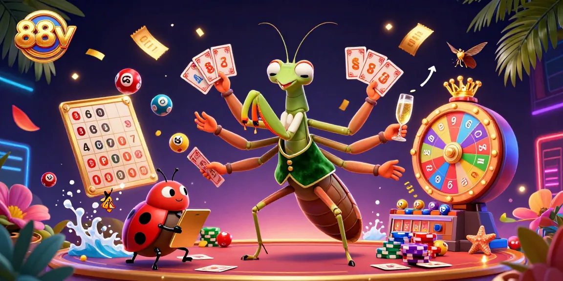 Engage with 88vv's vibrant casino atmosphere featuring a mantis card sharp and ladybug pit boss.