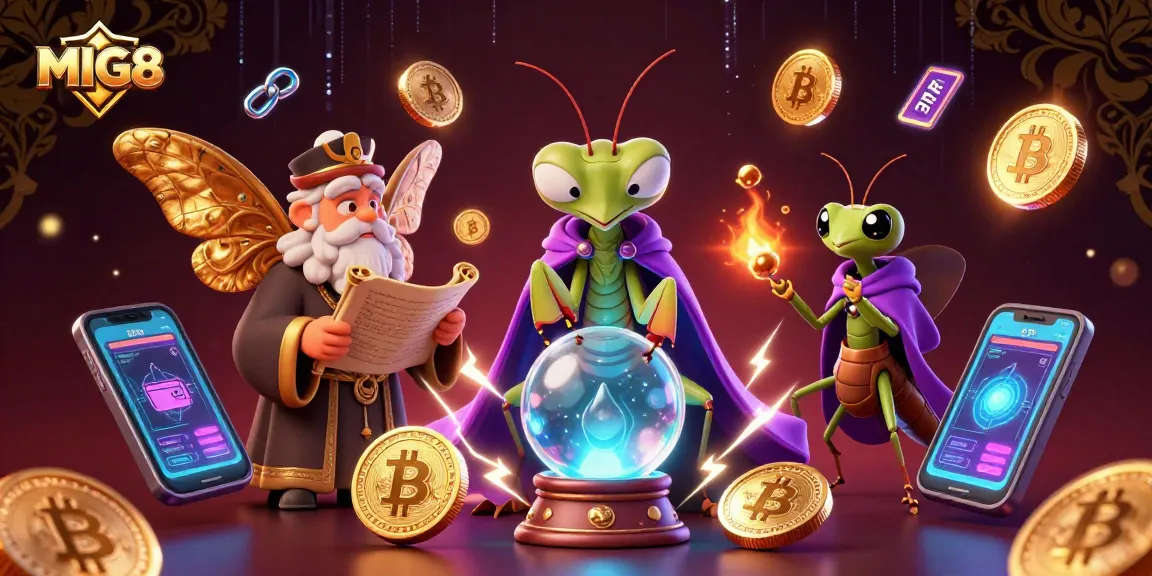 MIG8 fortune teller cartoon surrounded by cryptocurrencies and mystical elements in a vibrant casino scene