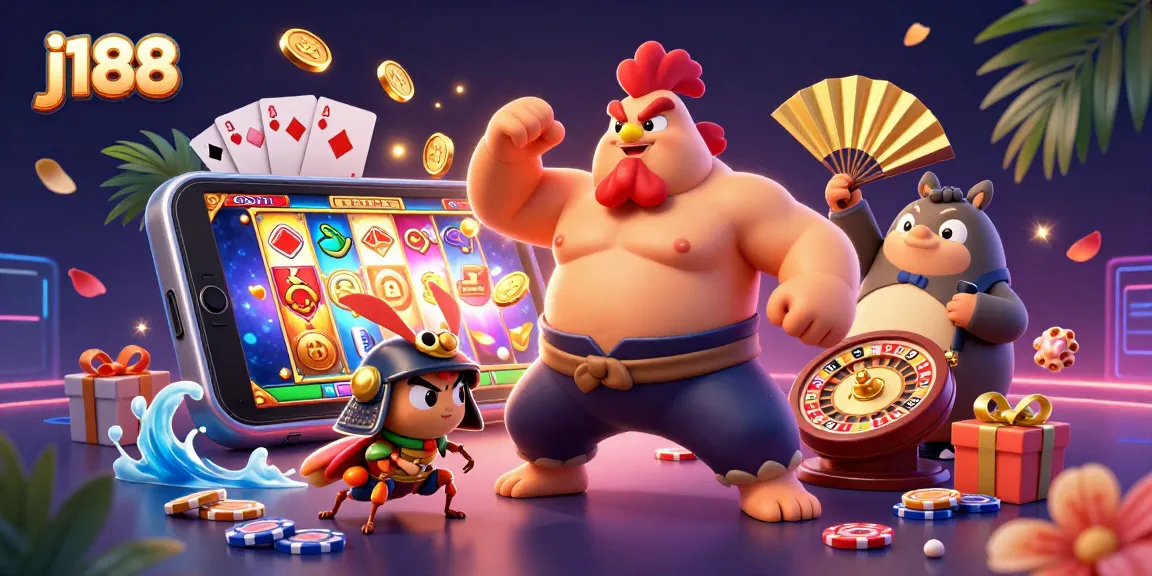 Engage with j188, featuring a powerful sumo rooster and samurai cricket in a vibrant casino scene.