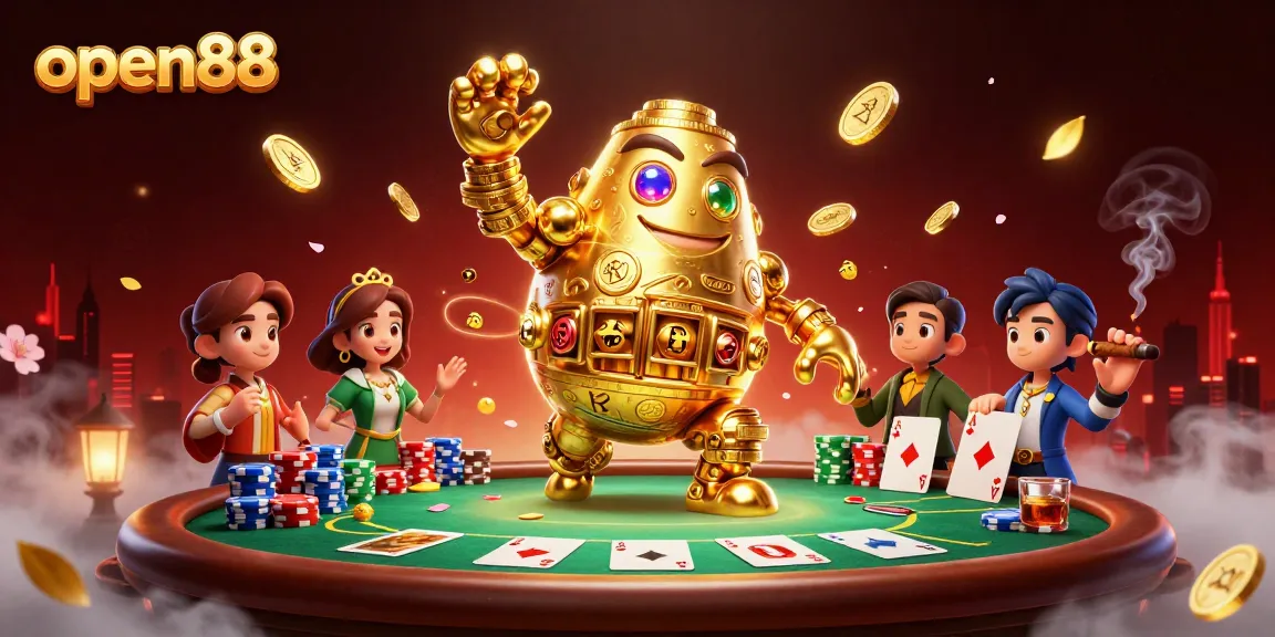 Engaging 3D illustration of open88 showcasing a golden golem and poker elements in a vibrant casino scene.