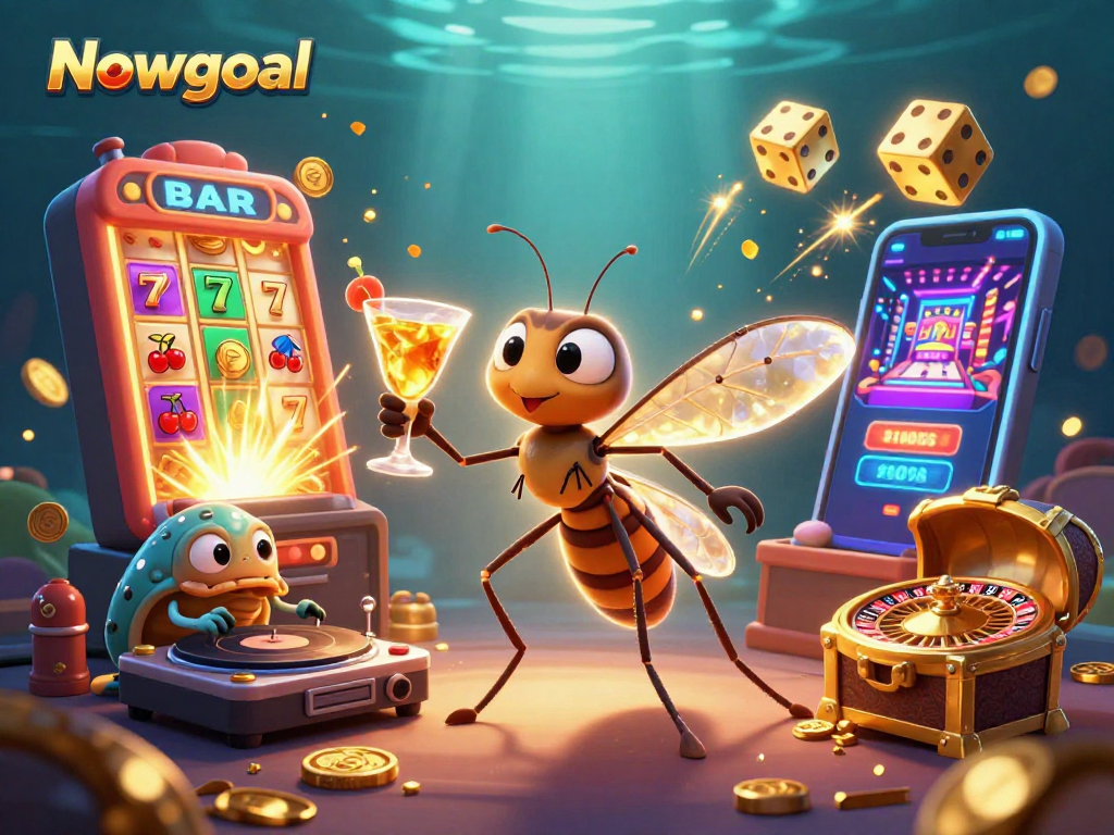 Nowgoal's animated casino scene features a frozen mosquito mascot and trilobite DJ.