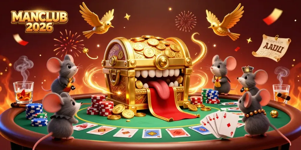 Engage in MANCLUB 2026 with exciting poker action surrounded by treasure and celebration.