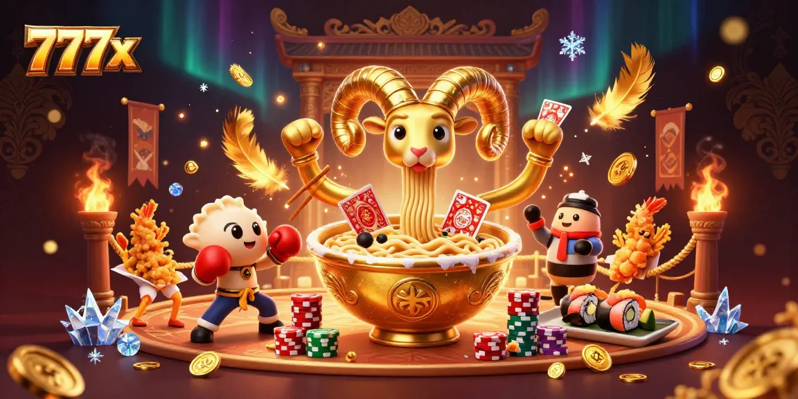 Engage in thrilling gameplay with 777x as a giant ramen bowl dealer interacts with dynamic casino characters.