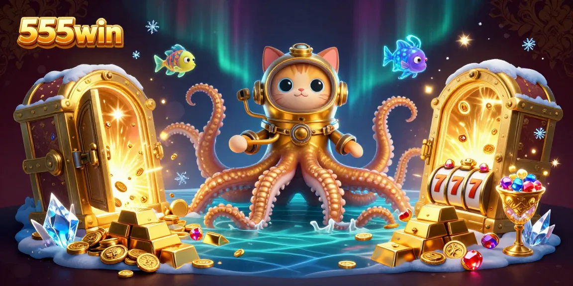 Bet on excitement with 555win's kraken and diving cat amidst treasures and slot machines