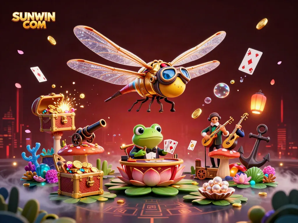 Experience the excitement of SUNWIN COM at a vibrant lily pad casino with 3D characters and thrilling gaming elements.