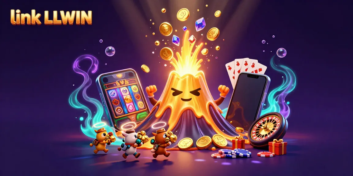 Catch the excitement of link LLWIN with a golden volcano erupting treasure while explorer animals flee in this vibrant casino scene.