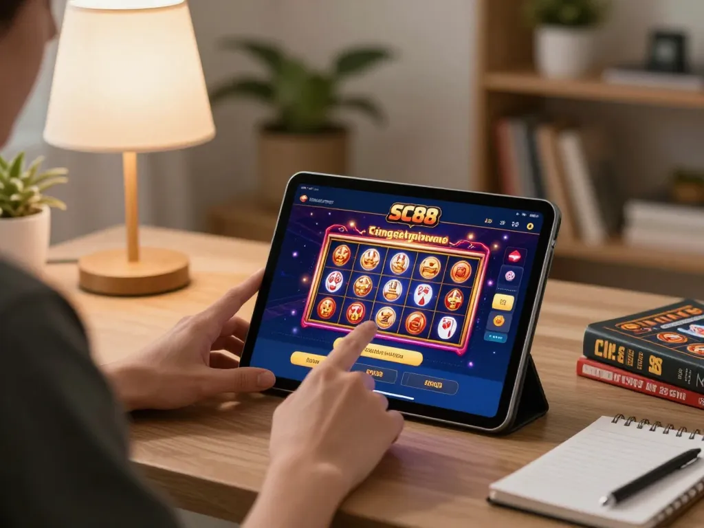 Engaging with the SC88 app for online casino gaming in a cozy home setup