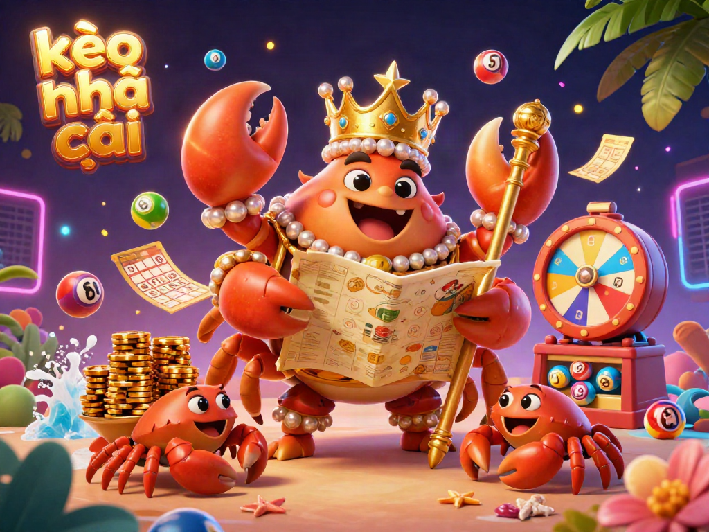 Engage with kèo nhà cái and explore a vibrant 3D paradise featuring a golden crab emperor and colorful gaming elements.