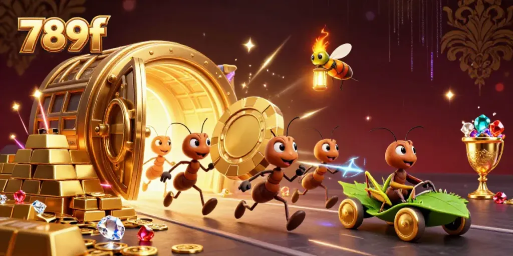 Engaging scene of a 789f-themed heist featuring ants with poker chips in a vibrant casino environment.