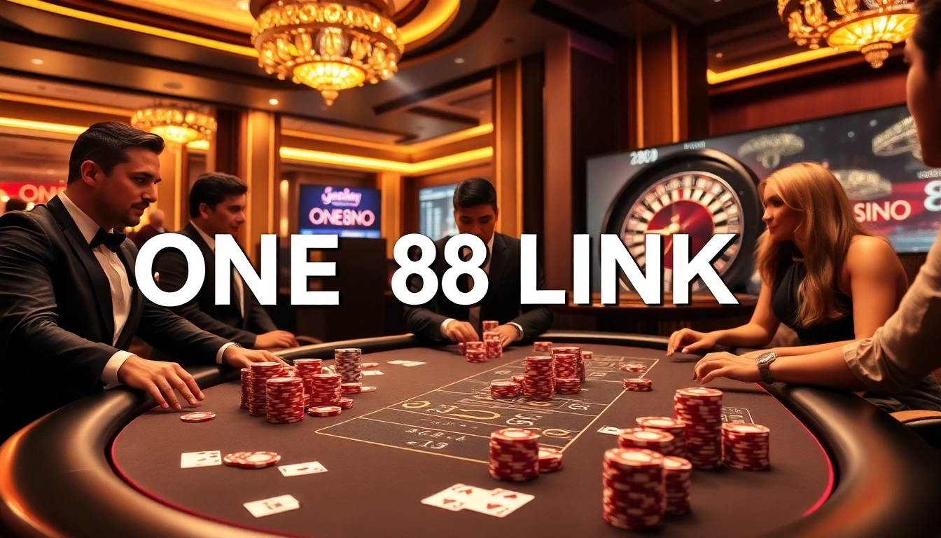 Experience high-stakes excitement at the ONE88 LINK poker table featuring vibrant chips and cards.
