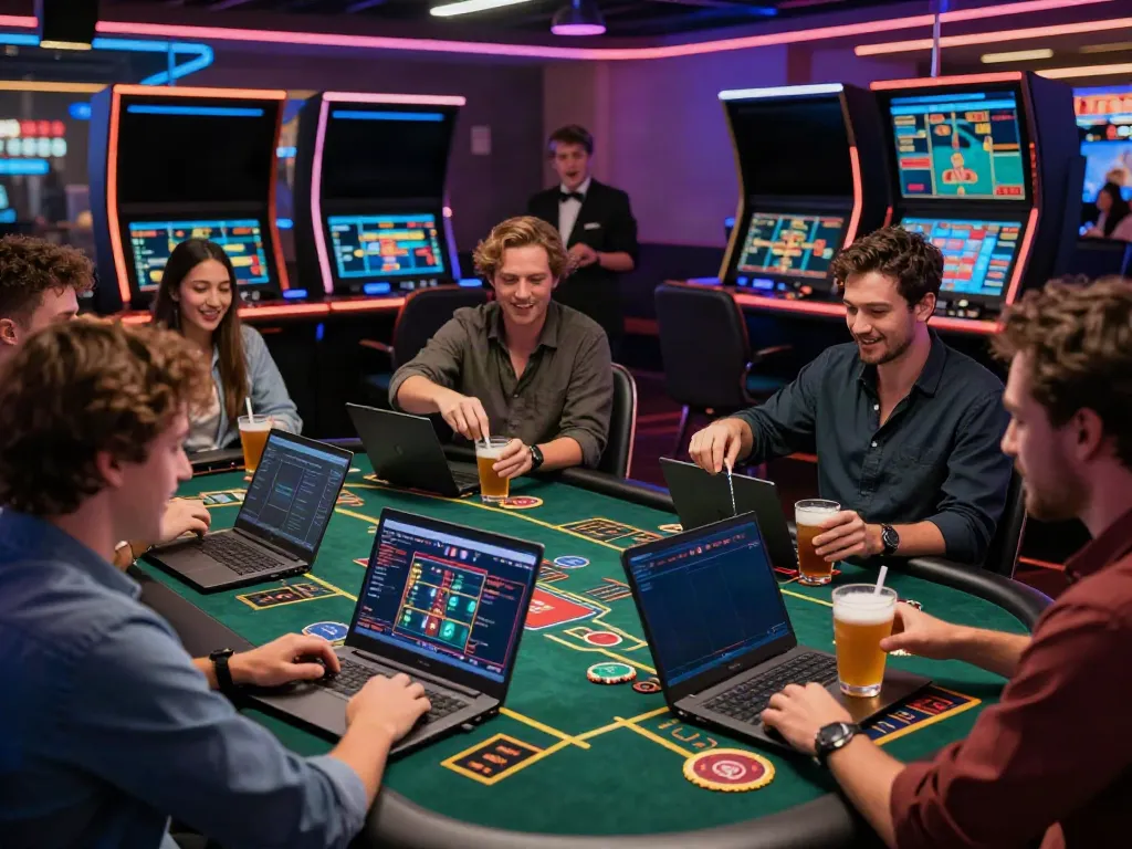 Friends enjoying a thrilling online casino experience with fc88 platform, vibrant graphics, laptops, and excitement.