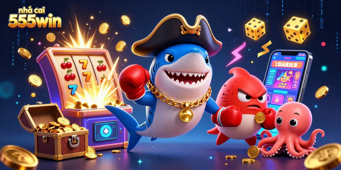 Engage with the vibrant world of nhà cái 555win, featuring animated characters and exciting casino game elements.
