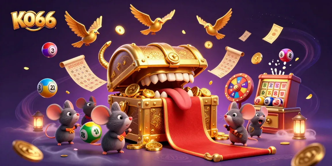 Engage with KO66's thrilling casino experience as adventurous mice are drawn to a treasure chest amidst a dynamic gambling scene.