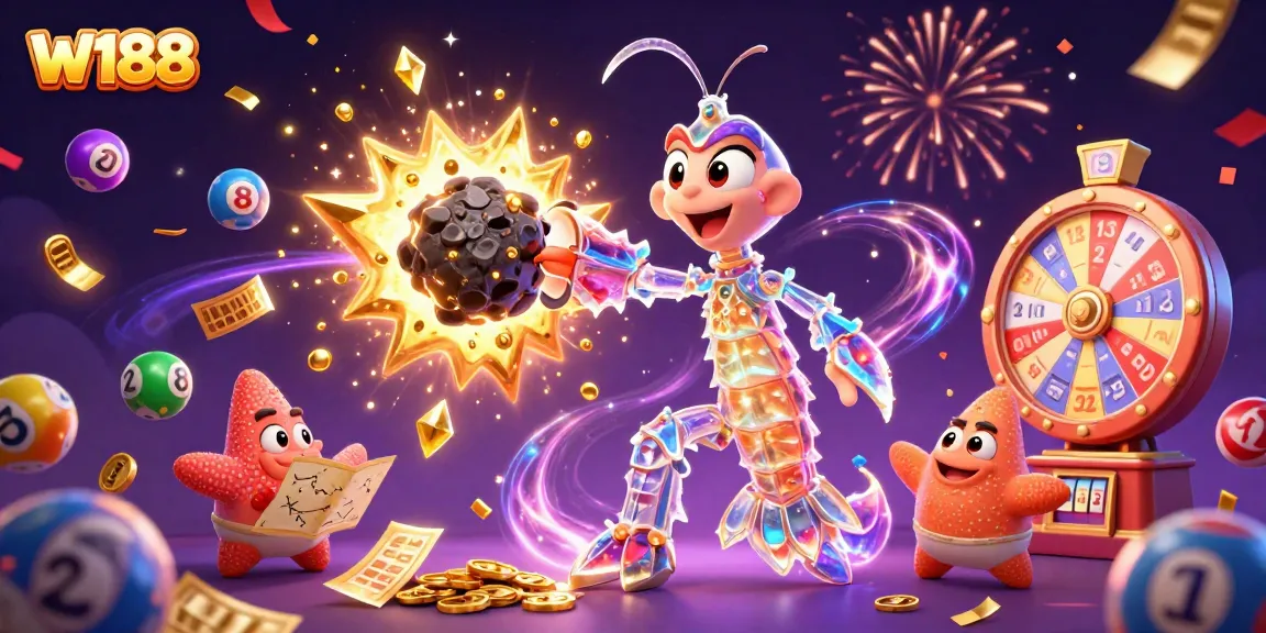 W188 showcases a dynamic 3D scene of a mantis shrimp and starfish in a vibrant casino atmosphere.