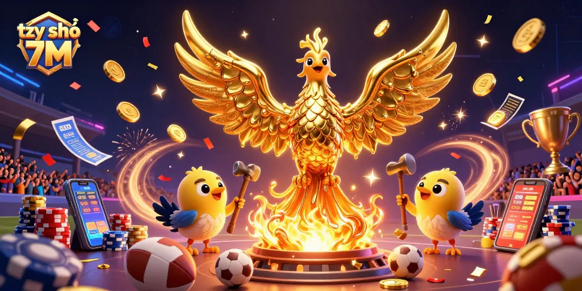Watch the dynamic illustration of tỷ số 7M showcasing sports betting excitement with flying footballs and cheering crowds.