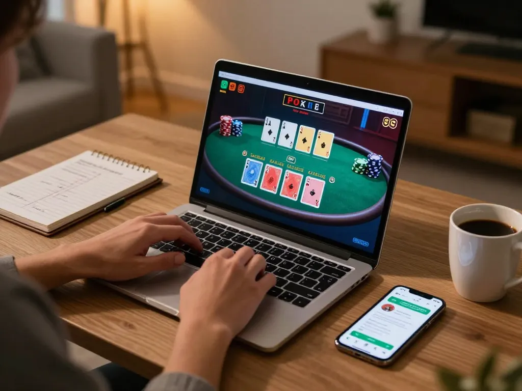 Evde modern oyun seti ile stratejik bahis yaparak kalibet ile canlı blackjack oynayan oyuncu.