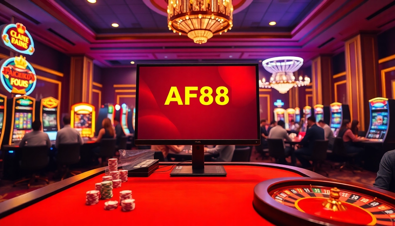 Experience the excitement of AF88 with vibrant slot machines and poker chips in a luxurious casino.