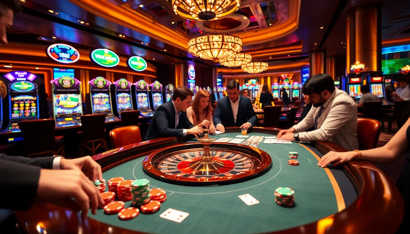 Experience the excitement of gambling at vin88ac.com with vibrant casino elements like tables and chips.
