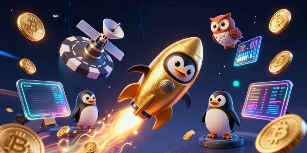 Engage in dynamic online gaming with link DN88 illustrated by a rocket-powered penguin and casino elements.