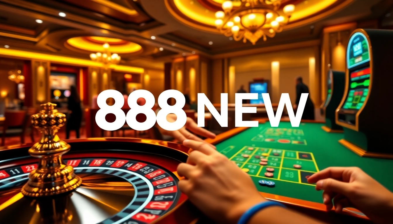 Players engaging in exciting gambling activities with 888NEW branding in a luxurious casino setting.