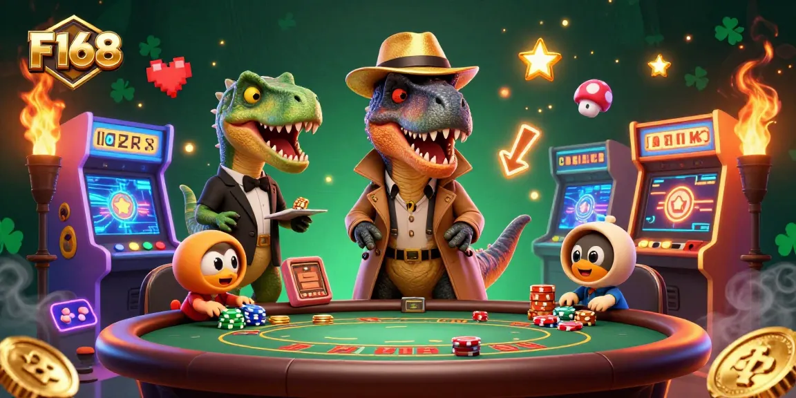 Bet on F168 as a velociraptor card counter in a vibrant casino scene, featuring animated gambling elements.