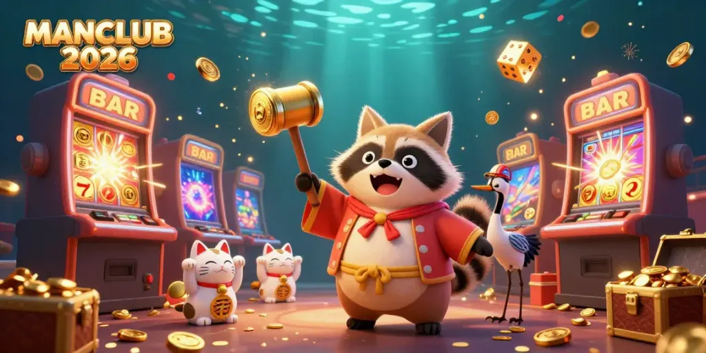 Engage in thrilling gameplay with MANCLUB 2026, featuring a cheerful tanuki and vibrant casino elements!