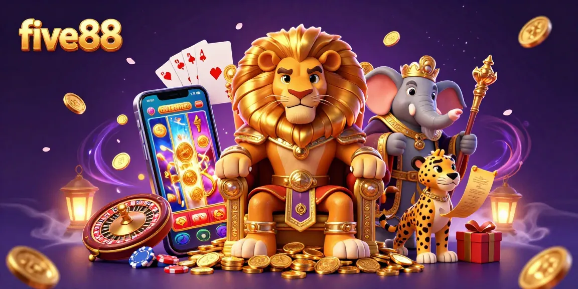 Experience the excitement of five88 with a vibrant digital casino scene featuring a lion king on a throne.