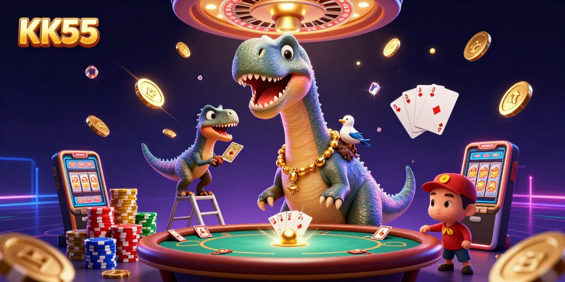 Engage with KK55’s 3D dynamic casino scene featuring a giant brontosaurus among golden coin cascades, playing cards, and exciting gameplay.