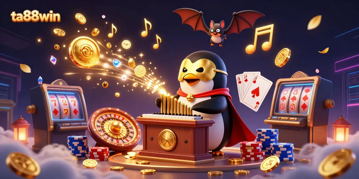 Experience the excitement of ta88win with a vibrant 3D casino scene featuring a penguin and gold coins.