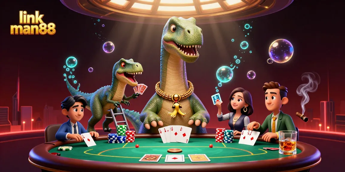 Engage with link man88 in a vibrant casino scene showcasing a whimsical poker game with dinosaurs.
