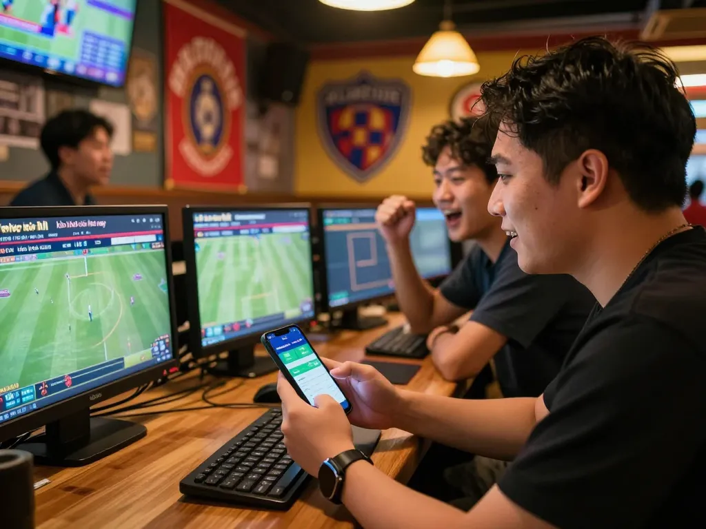 Betting enthusiast engaged in kèo nhà cái hôm nay at a lively sports bar with friends.