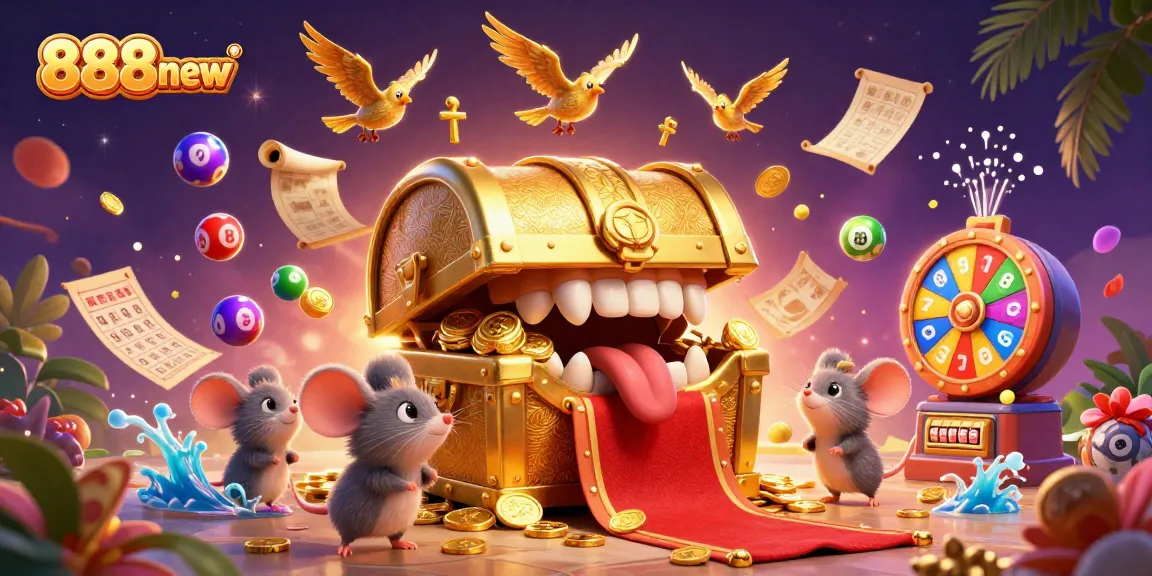Play and win with 888new in this vibrant scene filled with colorful lottery elements and treasure.