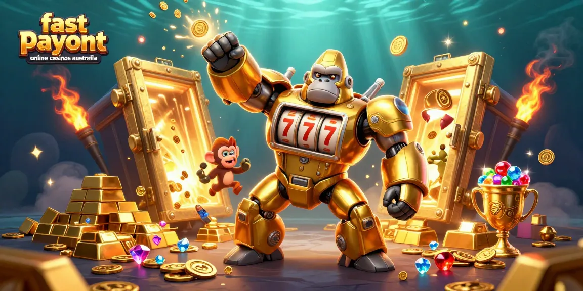 Win big at fast payout online casinos Australia with dynamic 3D illustration of a golden gorilla mech.